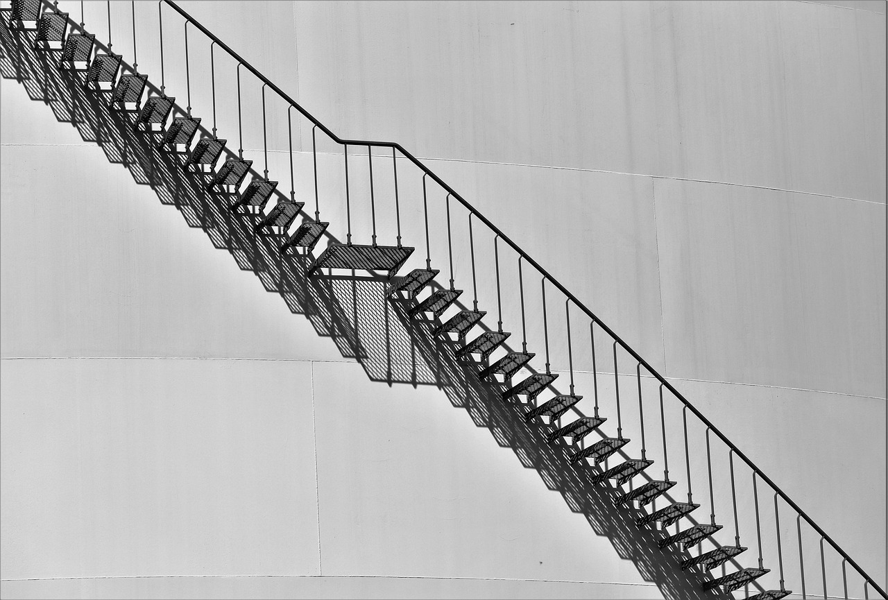 architecture, stairs, outside staircase, nature, handrail, railing, stole, metal, grating, steel tank, gasoline storage, white, black, sun, the shade