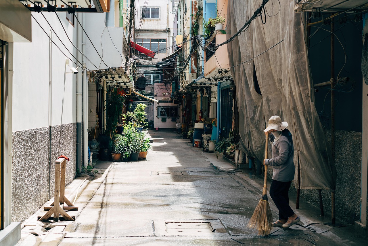 woman, broom, workers, street cleaner, thai, thailand, bangkok, asia, to travel, local, neighborhood, cleanser, cleaning, garbage disposal, street sweeper, street cleaning, cleanliness, global south, nature, summer