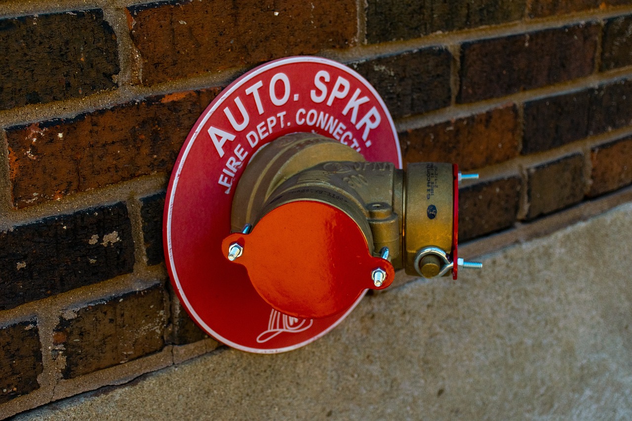 brick, sprinkler, fire dept, fire department, wall, safety, nature, valve, protection, pipe, water, metal, system, emergency, industrial, pressure, pipeline