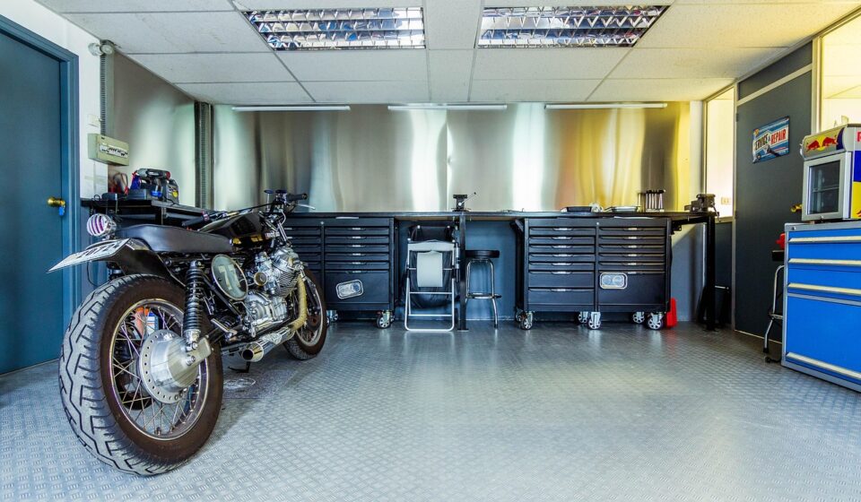 motorcycle, motorbike, garage, workshop, tools, toolshed, mechanic, blue tools, blue garage, garage, garage, garage, garage, garage
