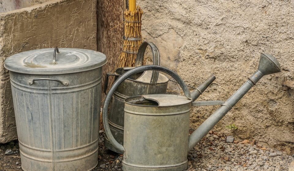 watering can, bucket, gardening, garden maintenance, casting, garden, still life, nostalgic, vessel, broom, waste bins, antique, nature, court, patio, fountain