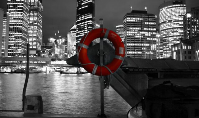 lifesaver, nature, safety buoy, life-saver, city, night, water, buoy, sydney, rescue, gray life, gray night, gray safety