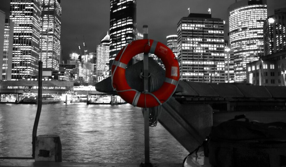 lifesaver, nature, safety buoy, life-saver, city, night, water, buoy, sydney, rescue, gray life, gray night, gray safety