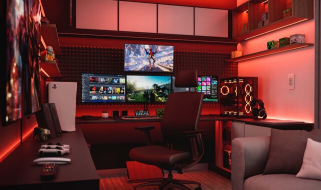 interior design, home office, modern interior, bedroom, study, pc, earphone, headphones, music, sound, technology, games, playstation, gamer, ps4, ps5, console, play, xbox, red, space red, night, led, dark, render