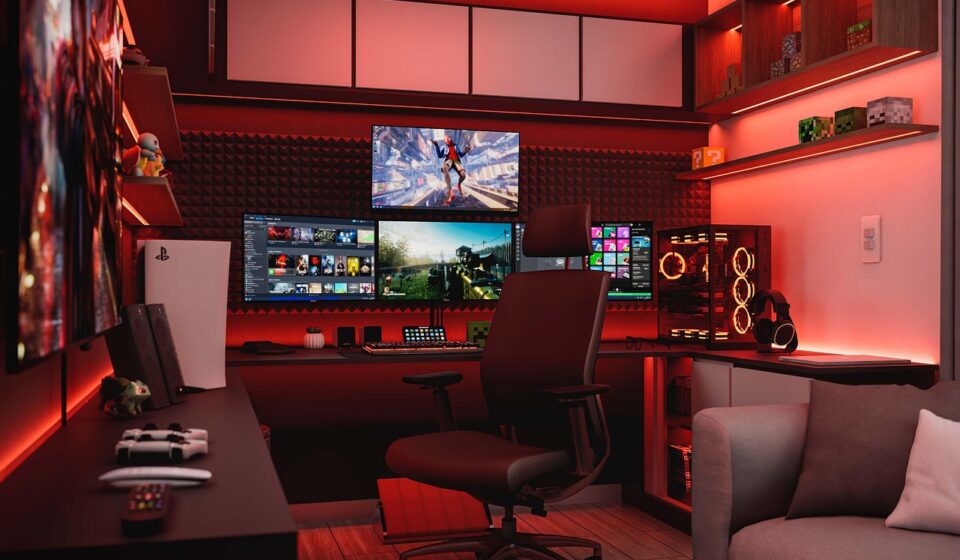 interior design, home office, modern interior, bedroom, study, pc, earphone, headphones, music, sound, technology, games, playstation, gamer, ps4, ps5, console, play, xbox, red, space red, night, led, dark, render