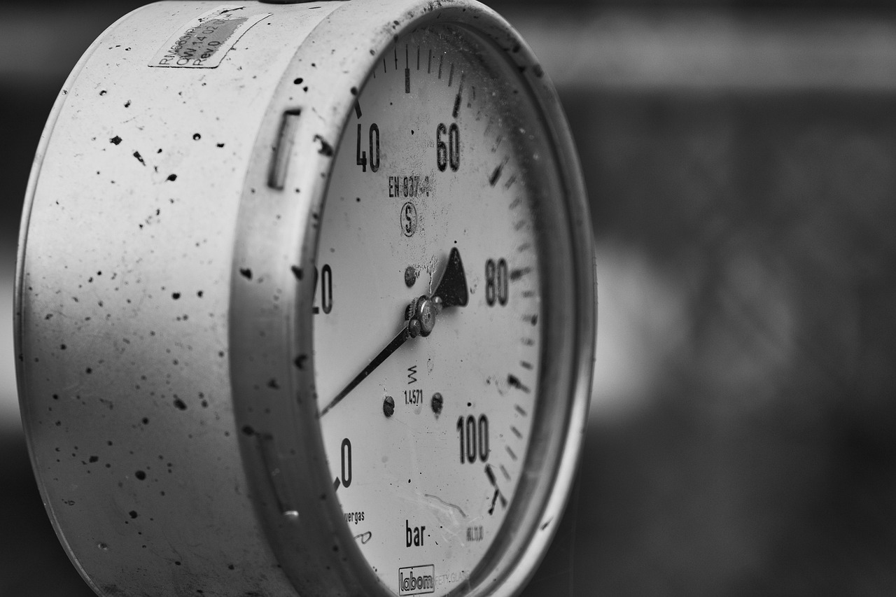pressure gauge, pressure indicator, black and white