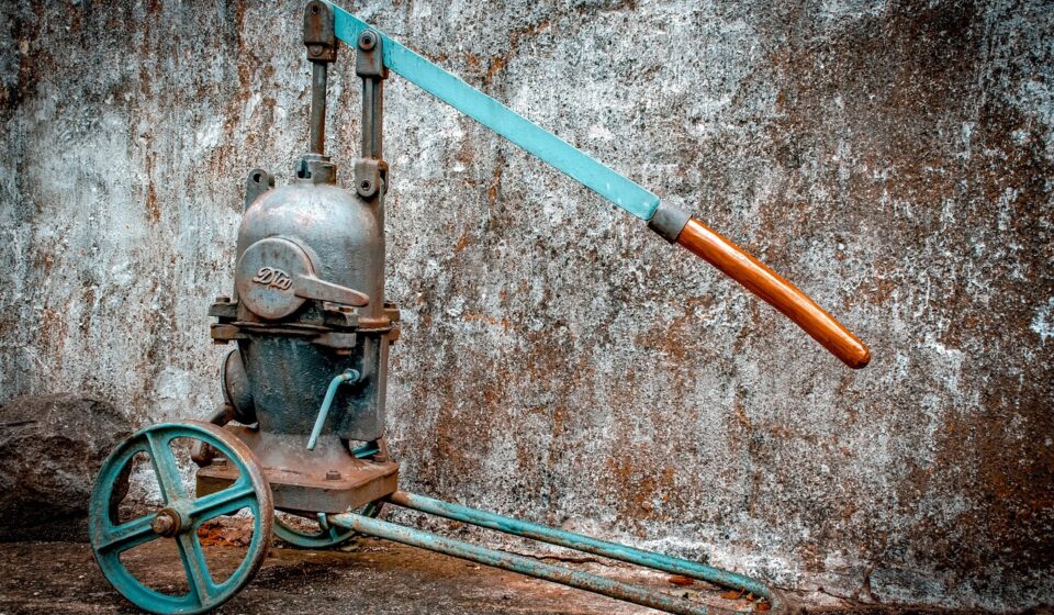 pump truck, historical, manually, follower, pump, machine, transport, craft, metal