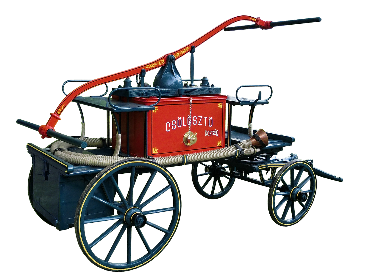 isolated, nature, fire fighters, fire pump, fire hoses, fire fighting, horse drawn carriage, clear, fire hose, water, feuerloeschuebung, water pump, red, fire engine, hand pump, mission, equipment, injection