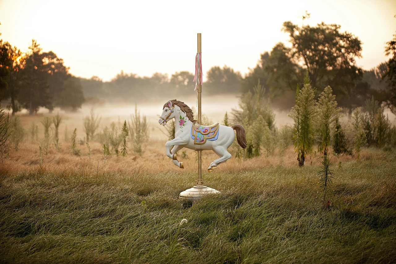 horse, carousel, ride, nature, childhoood, carousel horse, fair, fog, field, hd wallpaper, 4k wallpaper