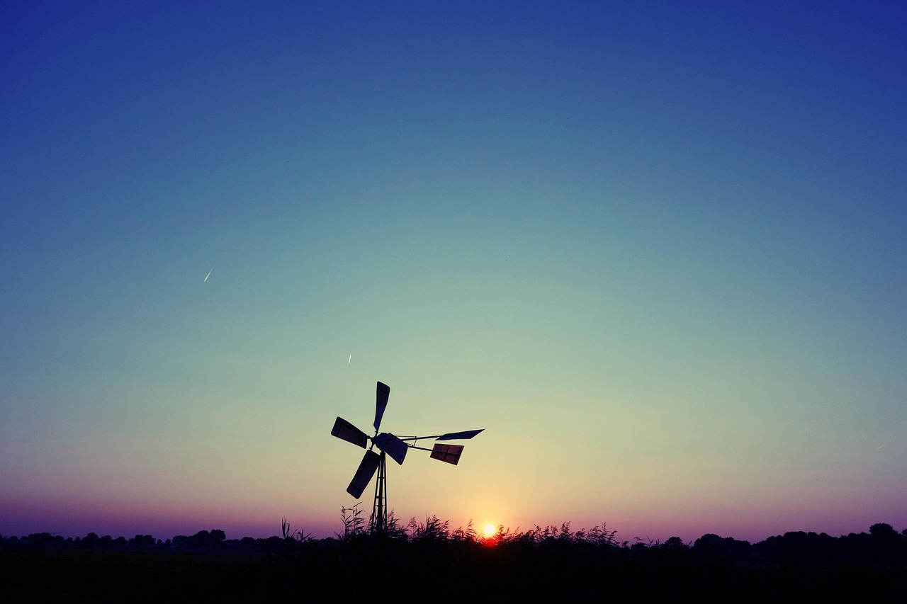 windmill, water pump, wind powered water pump, mill, pump, sunset, sun, dusk, evening, evening sky, silhouette, holland, nature, dutch, blue power
